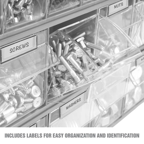 Close-up of Clear Stackable Hardware Organizer Bins Set With 21 Small Storage Bins for screws and nuts, visible labels for organization.