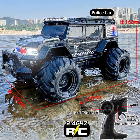 Amphibious Remote Control Car Waterproof Beast RC Vehicle 4WD All Terrain Off Road Stunt Toy with LED lights on wet surface