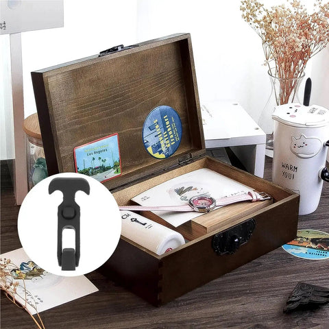 Open wooden box with 6 Pack T Handle Rubber Latches for Drawers Toolbox and Cooler Replacement Buckles shown in inset