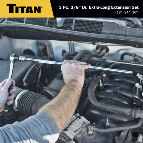 Mechanic using Three Eighth Inch Drive Extra Long Extension Set With 18 Inch 24 Inch 30 Inch Extensions Chrome Plated Cr V Steel
