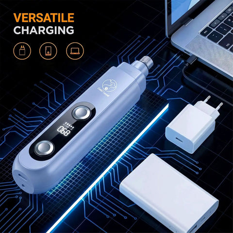 Smooth Sail Five Speed Dog Nail Grinder With Bright Led And Dust Bucket For Zero Drama Furbaby Paw Care USB powered, charging setup with cords and LED display.