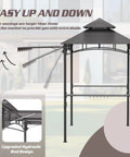 8x8 Heavy Duty Steel Frame Grill Gazebo With Double Tier Canopy Shelves Ceiling Hooks And Ground Stakes Waterproof UV Proof Outdoor Patio Tent For BBQ Backyard Gray side view with awning