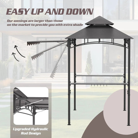 8x8 Heavy Duty Steel Frame Grill Gazebo With Double Tier Canopy Shelves Ceiling Hooks And Ground Stakes Waterproof UV Proof Outdoor Patio Tent For BBQ Backyard Gray side view with awning