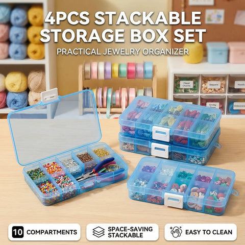 Blue 4 Pack Plastic Organizer Boxes With 40 Grids, Stackable Jewelry And Craft Storage Case on a shelf.
