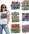 Woman wearing Six Pack Funny Sarcastic Quote Iron On Transfers For DIY Clothing And Accessories Waterproof Heat Press Patches For T Shirts