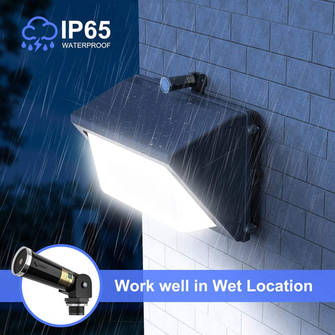 Outdoor light showing IP65 waterproof protection in rain showcasing 120-277VAC Photocell Sensor System For Dusk To Dawn No Fuss Auto Light Switch Hard Wired Post Light Control For Outdoor Security Lighting IP65 Weatherproof UL Listed With Easy 30-120 Second Delay No Manual On Needed.