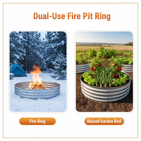 Beefy 60 Inch Galvanized Steel Fire Pit Ring Raised 12 Inch Heavy Duty Wood Burning Campfire Ring For Outdoor Fireplace Backyard Patio And Camping Heat Resistant shown as fire ring and garden bed.