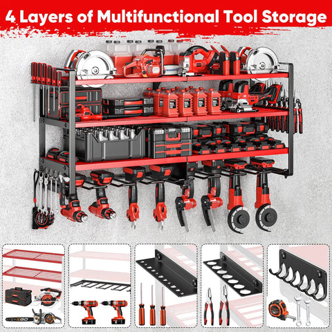 Upgrade Large Four Tier Power Tool Organizer Wall Mount With Beefy Heavy Duty Metal Construction And 400lbs Capacity Shelves