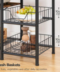 Large Bakers Rack With Power Outlets For Kitchen And Office, showing 2 mesh wire baskets filled with kitchen items, in rustic brown and black.