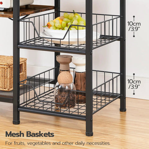 Large Bakers Rack With Power Outlets For Kitchen And Office, showing 2 mesh wire baskets filled with kitchen items, in rustic brown and black.