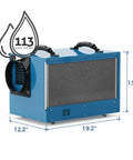 Heavy Duty 113 Pint Commercial Dehumidifier For Crawl Spaces And Basements Kicks Out Stubborn Moisture Fast Covers Up To 1200 Square Feet, blue metal body, side view.