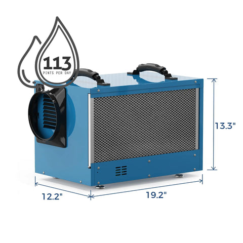Heavy Duty 113 Pint Commercial Dehumidifier For Crawl Spaces And Basements Kicks Out Stubborn Moisture Fast Covers Up To 1200 Square Feet, blue metal body, side view.