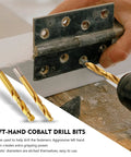 Using 35 Pc Drill Bit Set With Multi Spline Bolt Extractors And Left Hand Cobalt Drill Bits In Blue for hinge repair.
