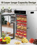 Hella Big 18 Tray Stainless Steel Food Dehydrator Machine With Smooth Touch Panel And 24 Hour Timer for drying fruits and veggies.