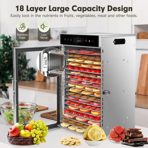 Hella Big 18 Tray Stainless Steel Food Dehydrator Machine With Smooth Touch Panel And 24 Hour Timer for drying fruits and veggies.