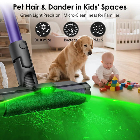 Ultra Wide Vacuum Dust Display Light with auto start reveals hidden dust and pet hair with dog and child playing nearby