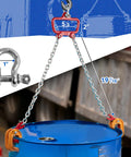 55-Gallon Drum Lift with chain and orange clamps lifting a blue steel drum; 2200 lb capacity for 30–55 gallon drums.
