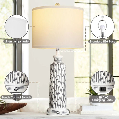 Two Modern 26 Inch Table Lamps With USB A And USB C Ports, 3 Way Dimmable Touch Control, White Linen Shade, Resin Coastal Design