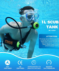 Person using Portable 1L Mini Scuba Tank with Regulator and Pressure Gauge for snorkeling underwater, blue background
