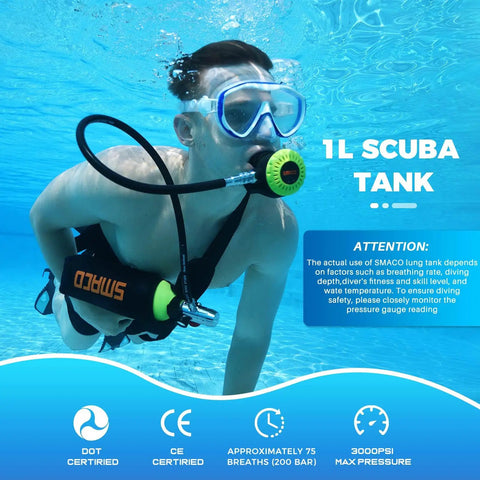 Person using Portable 1L Mini Scuba Tank with Regulator and Pressure Gauge for snorkeling underwater, blue background