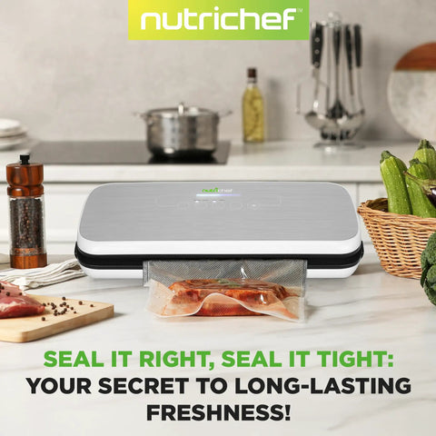 No Fuss Automatic Food Vacuum Sealer For Easy Meal Prep And Fresh Storage on kitchen counter sealing meat.