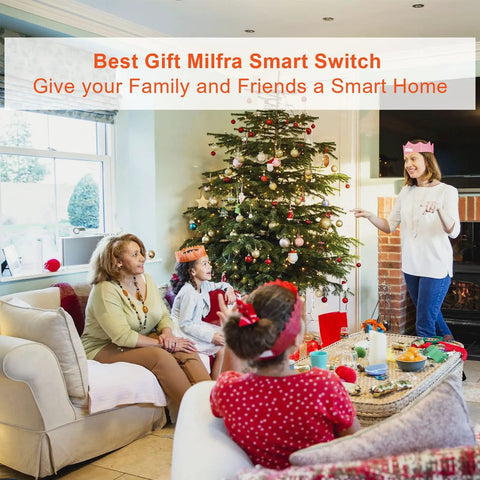 Family gathered around Christmas tree in living room, showcasing Two Gang WiFi Smart Light Switch With Alexa And Google Assistant Voice Control.