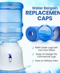 Ten Pack USA Made Water Jug Caps For 2 3 5 And 6 Gallon Jugs Spill Proof Replacement Lids Fits 55mm Openings visible on cooler