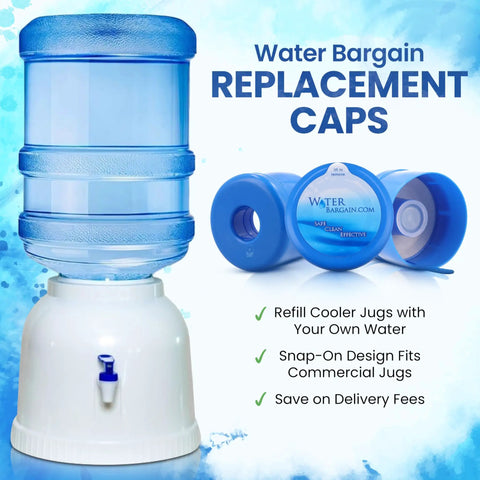 Ten Pack USA Made Water Jug Caps For 2 3 5 And 6 Gallon Jugs Spill Proof Replacement Lids Fits 55mm Openings visible on cooler