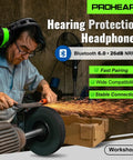 Man wearing Bluetooth Hearing Protection Earmuffs With 26dB NRR For Yard Work And Mowing Ultra Long Battery Life 1500mAh Stable Bluetooth 6.0 HiFi Sound Noise Reduction Four Weeks Run Time Green Gift For Dad while using a power tool in workshop