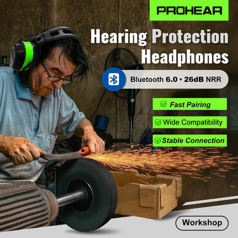 Man wearing Bluetooth Hearing Protection Earmuffs With 26dB NRR For Yard Work And Mowing Ultra Long Battery Life 1500mAh Stable Bluetooth 6.0 HiFi Sound Noise Reduction Four Weeks Run Time Green Gift For Dad while using a power tool in workshop
