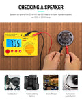 Hands using EM480B Audio Impedance Tester with Digital LCD Display checking speaker impedance on wooden surface