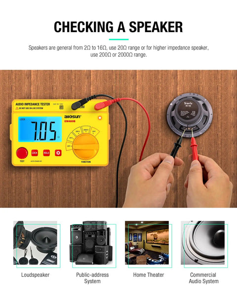Hands using EM480B Audio Impedance Tester with Digital LCD Display checking speaker impedance on wooden surface