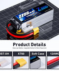 Graphene 4S LiPo Battery 14.8V 2200mAh 120C With XT60 Plug for RC drones and quadcopters, shown with XT60 and JST-XH connectors.