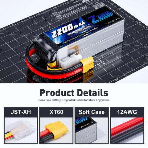 Graphene 4S LiPo Battery 14.8V 2200mAh 120C With XT60 Plug for RC drones and quadcopters, shown with XT60 and JST-XH connectors.