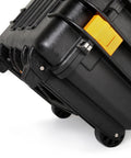 Heavy Duty Tool Carrier With Wheels For Pro Mechanics Military Grade Polypropylene Construction Four Foam Protected Trays For Standard Hand Tool Sets Mobile Toolbox Built To Keep Your Tools Ready close-up showing sturdy wheels and black polypropylene material.