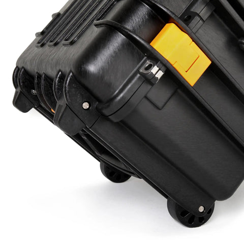 Heavy Duty Tool Carrier With Wheels For Pro Mechanics Military Grade Polypropylene Construction Four Foam Protected Trays For Standard Hand Tool Sets Mobile Toolbox Built To Keep Your Tools Ready close-up showing sturdy wheels and black polypropylene material.