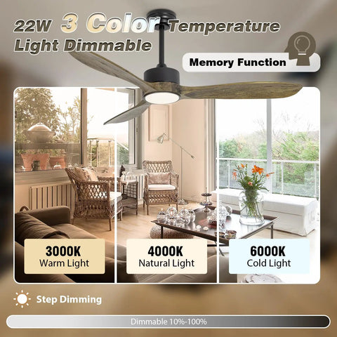 52 Inch Wood Ceiling Fan With Lights And Remote 120V DC Motor Quiet Indoor Outdoor Noiseless Reversible Ceiling Fan Six Speed LED Dimmable