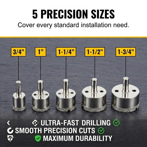 Diamond Drill Bit Set For Tile Glass Porcelain And Granite - 5 Pc Hole Saw Kit With Guide And Case, Sizes 3/4 In To 1-3/4 In