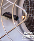 Close-up of 15,000 BTU Single Tank Top Portable Propane Radiant Heater ignition, showing burner flame and protective grill.