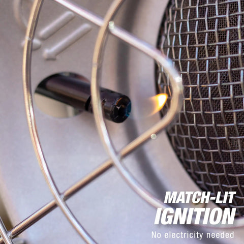 Close-up of 15,000 BTU Single Tank Top Portable Propane Radiant Heater ignition, showing burner flame and protective grill.
