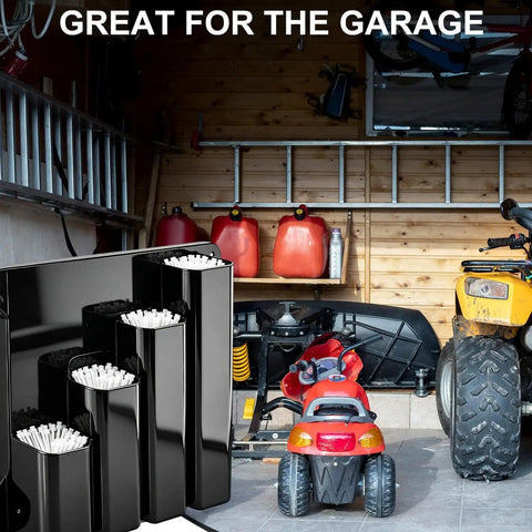 Heavy Duty Wall Mount Zip Tie Organizer Rack with aluminum construction, four-pocket holder in garage setting for easy access.