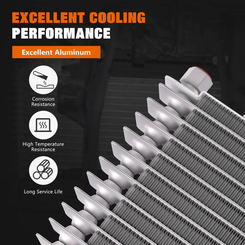 Close-up of Low Pressure Drop 40k Transmission Oil Cooler Kit with mounting hardware for heavy duty 40000 GVW max, aluminum build.