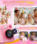Kids Camera With Instant Print No Ink Thermal Photo Printer Pink For Ages 3 To 12, 16x zoom and family birthday scene