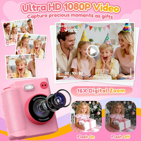 Kids Camera With Instant Print No Ink Thermal Photo Printer Pink For Ages 3 To 12, 16x zoom and family birthday scene