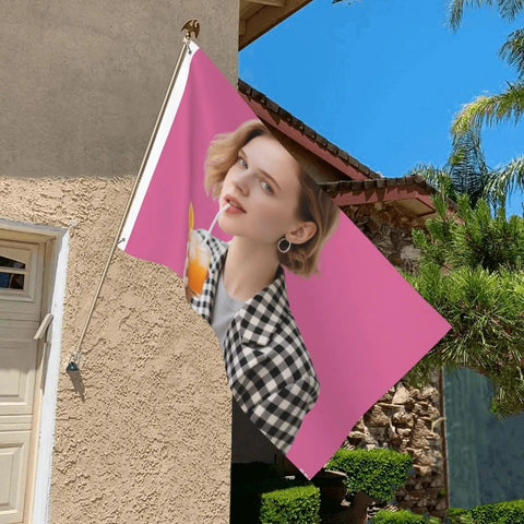 Pink Dope American Flag 3x5 Ft Double Sided Outdoor Flag with personal photo, mounted on house exterior, palm trees visible