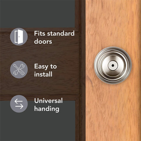 Interior Privacy Door Knob Lock For Bedroom Or Bathroom With Microban Protection Keyless Inside Lock Satin Nickel Finish No Fuss Easy DIY Install On Standard Doors Privacy You Can Trust And Quiet Operation. Satin nickel finish shown on wooden door with installation features overlayed.