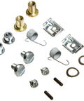 Front view of Raybestos H7350 parking brake hardware kit showing springs, bolts, washers, brackets, and spacers.