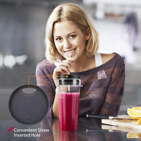 Smiling woman using Replacement 16 Oz Blender Cup Set with straw in pink smoothie, highlighting straw hole detail.