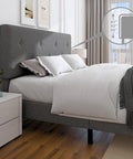 Queen Size Linen Bed Frame With Adjustable Headboard Grey Upholstered Design Featuring Heavy Duty Wooden Base And High Density Foam, 41 to 45 inch headboard.