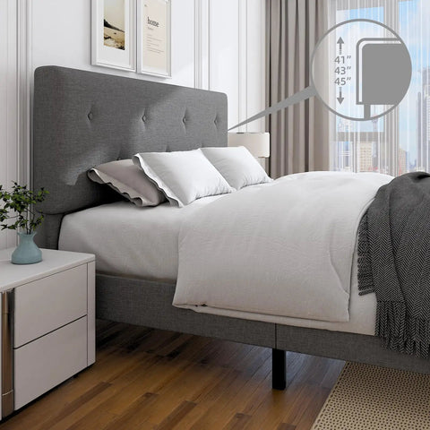 Queen Size Linen Bed Frame With Adjustable Headboard Grey Upholstered Design Featuring Heavy Duty Wooden Base And High Density Foam, 41 to 45 inch headboard.